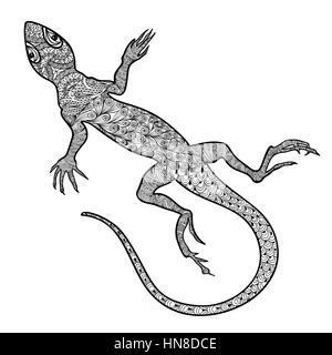 Lizard isolato. disegnati a mano salamandra vettore con tribali etnici zentagle ornamentali pattern. schizzo di lucertole rettili con lunghe code di curva Illustrazione Vettoriale