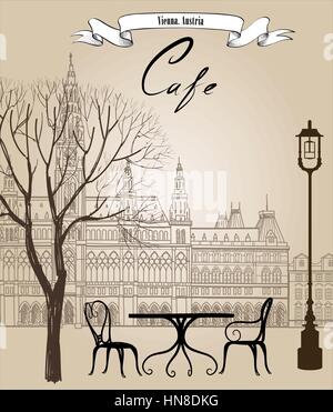 Street cafe nella città vecchia. cityscape - case, edifici e albero in vicolo. vista città vecchia medievale. castello europea paesaggio disegnato a matita vettore sk Illustrazione Vettoriale