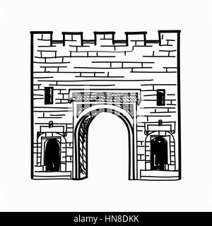 Porte ad arco nel muro di fortificazione porta al castello storico progetto architettonico Illustrazione Vettoriale