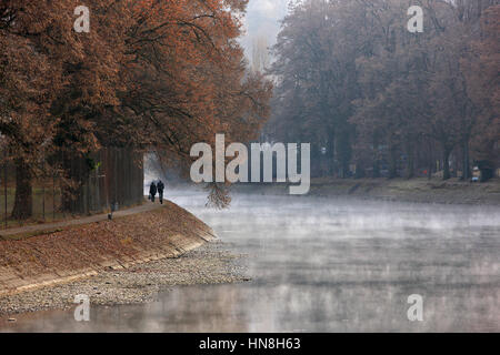 Giovane a piedi dal fiume Aare nelle prime ore del mattino mentre la nebbia è "lifting". Berna, Svizzera. Foto Stock