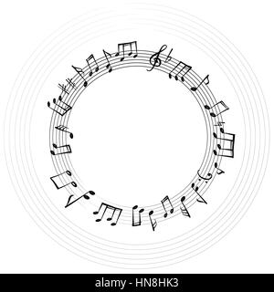 Note di musica di confine. background musicale. musica di stile forma rotonda frame con copia spazio per testo. chiave di violino e note di carta da parati. Illustrazione Vettoriale