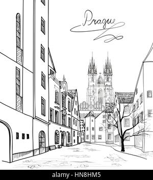 La città vecchia di Praga, Repubblica ceca. strada pedonale nella vecchia città europea con torre sullo sfondo. Città storica street. Viaggiare Praga bakcg Illustrazione Vettoriale