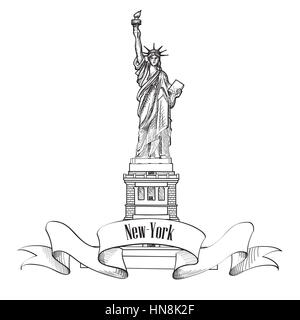 Statua della Libertà, new york, Stati Uniti d'America. mano disegna schizzi di simbolo americano isolato Illustrazione Vettoriale