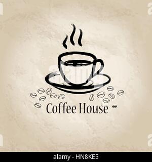 Coffee House background. cafe poster vintage o banner. coffe cup con i chicchi di caffè. Illustrazione Vettoriale