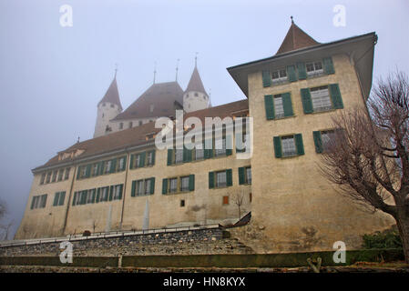 Il Castello Thun, nascosto nella nebbia. Città di Thun, nel canton Berna, Svizzera. Foto Stock