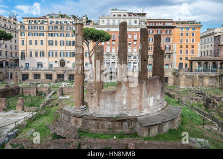 Roma, Italia- Largo di Torre Argentina si trova nel centro di Roma. Questa area archeologica è oggi conosciuta per le schiere di gatti selvatici che vivono nei suoi rui Foto Stock