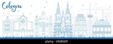 Profilo dello skyline di Colonia con edifici blu. Illustrazione Vettoriale. Viaggi di affari e di turismo con il concetto di architettura storica. Illustrazione Vettoriale