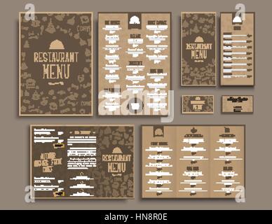 La progettazione di un menu4, piegatura opuscoli, volantini e biglietti da visita per il ristorante o bar. I modelli in stile retrò marrone con disegni a mano. Set. Ve Illustrazione Vettoriale