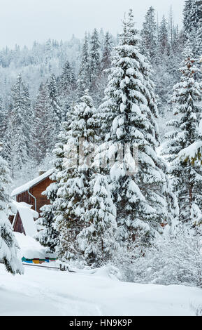 Casa in legno e colorata alveari con il cumulo di neve su tetti in inverno bosco di abeti (Ucraino nei Carpazi). Foto Stock