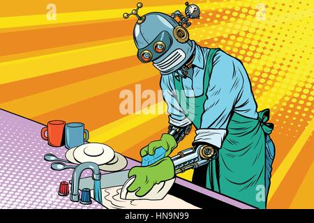 Lavoratore Vintage robot lava le stoviglie. arte pop retrò illustrazione vettoriale. I compiti e il servizio di pulizia Illustrazione Vettoriale
