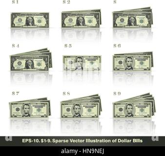 Sparse illustrazione vettoriale di fatture del dollaro ha presentato in pile da 1 a 9 dollari. EPS-10, tutte le icone, i segni e i testi ad eccezione del valore numeri sono spar Illustrazione Vettoriale