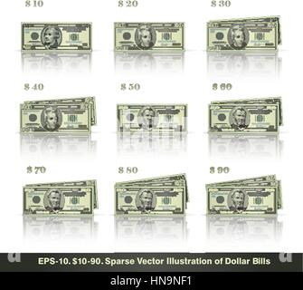 Sparse illustrazione vettoriale di fatture del dollaro ha presentato in pile di 10 a 90 dollari. EPS-10, tutte le icone, i segni e i testi ad eccezione del valore numeri sono sp Illustrazione Vettoriale