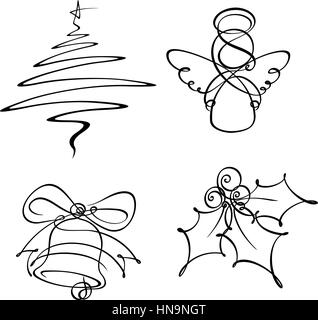 Mano-annegato line art icone. L'albero di Natale e Angelo sono state sviluppate con una singola linea la campana con due e la holly berry con tre. Illustrazione Vettoriale