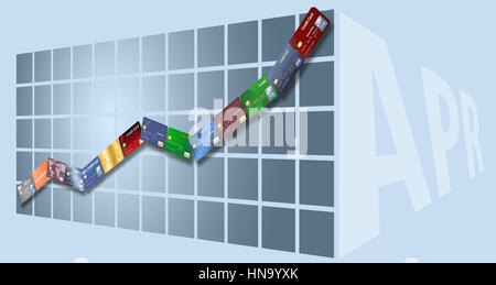 Il crescente tasso annuo effettivo globale (TAEG) è illustrato con carte di credito in una fila salendo su un diagramma di APR. Foto Stock