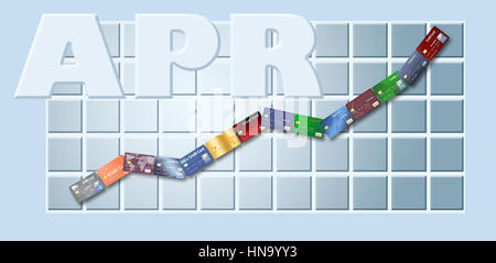 Il crescente tasso annuo effettivo globale (TAEG) è illustrato con carte di credito in una fila salendo su un diagramma di APR. Foto Stock