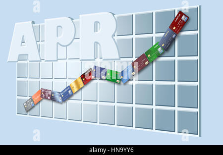 Il crescente tasso annuo effettivo globale (TAEG) è illustrato con carte di credito in una fila salendo su un diagramma di APR. Foto Stock