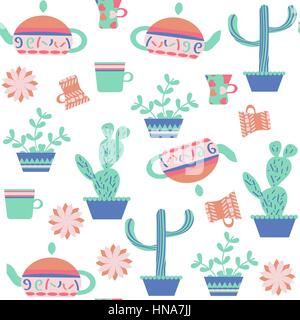 Bollitore per tè e cactus seamless pattern.it si trova nel menu swatch, illustrazione vettoriale Illustrazione Vettoriale