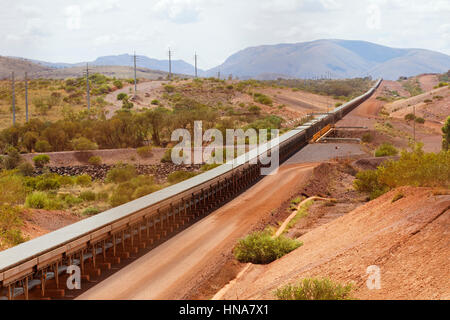 25 km trasportatore il trasporto del minerale di ferro in tutto il paese al prezzo di Tom miniera, Pilbara, Western Australia. Foto Stock