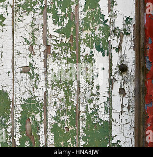 Weathered e peeling vernice su una vecchia porta di legno Foto Stock