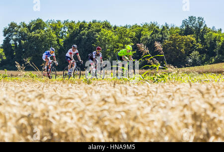 Saint-Quentin-Fallavier,Francia - Luglio 16, 2016: il distacco di equitazione in una pianura di grano durante la fase 14 del Tour de France 2016. Foto Stock