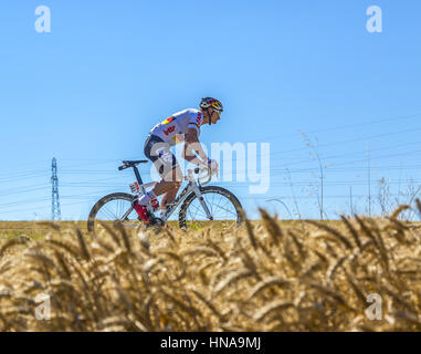 Saint-Quentin-Fallavier,Francia - Luglio 16, 2016: il ciclista tedesco Andre Greipel del Team Lotto-Soudal equitazione in una pianura di grano durante la fase 14 di T Foto Stock