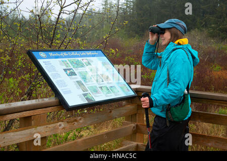 Birdwatching sul supporto di visualizzazione lungo le zone umide dichiarazioni interpretative Trail, Cullaby Lake County Park, Contea di Clatsop, Oregon Foto Stock