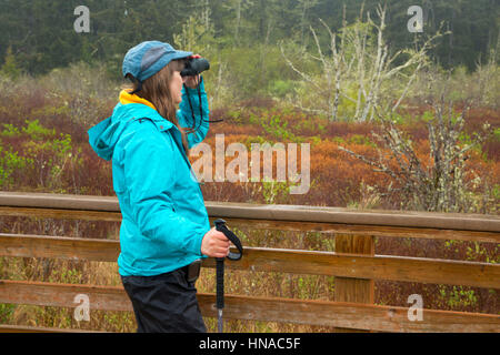 Birdwatching sul supporto di visualizzazione lungo le zone umide dichiarazioni interpretative Trail, Cullaby Lake County Park, Contea di Clatsop, Oregon Foto Stock