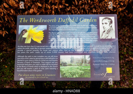 Pannello informazioni per il Wordsworth Daffodil Garden, Grasmere, Lake District, Cumbria Foto Stock