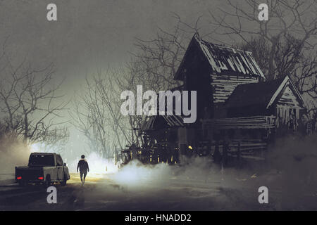 Scena niight del camionista e abbandonata haunted vecchia casa nella foresta, illustrazione pittura Foto Stock