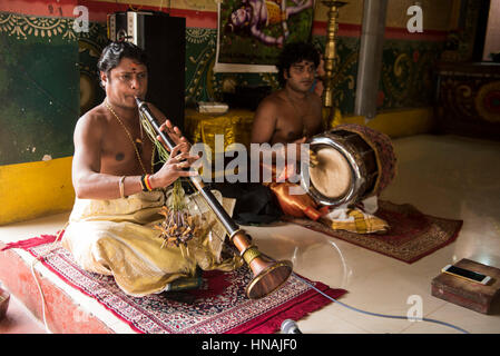 Musicista a un matrimonio induista, Deniyaya, Sri Lanka Foto Stock