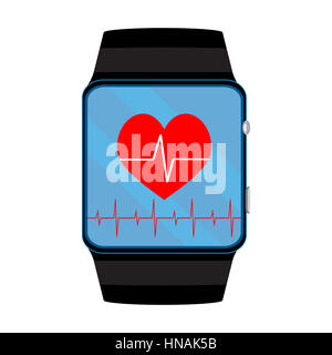 Pulsometer smart watch. Impulso e battito cardiaco smartwatch, illustrazione vettoriale Foto Stock