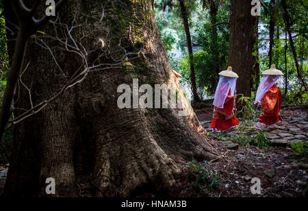 Pellegrini nel periodo Heian costumi, in Daimon-zaka Slope, accesso a Kumano Nachi Taisha Grand Shire, Kumano Kodo,Nakahechi percorso, Wakayama, Kinki, Japa Foto Stock