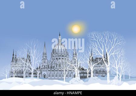 Paesaggio invernale. park alley nella neve con il palazzo e alberi in background. snowy holiday wallpaper Natale sfondo. Illustrazione Vettoriale