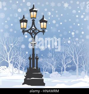 Natale paesaggio invernale con strada luminosa lanterna, fiocchi di neve e alberi. old street luce nel parco vicolo della neve. Illustrazione Vettoriale