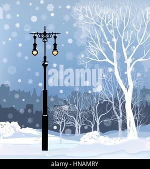 Natale paesaggio invernale con strada luminosa lanterna, fiocchi di neve e alberi. old street luce nel parco cittadino vicolo della neve. Illustrazione Vettoriale