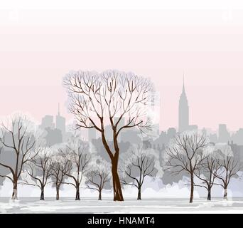 Natale paesaggio invernale con strada luminosa lanterna, fiocchi di neve e alberi. old street luce nel parco cittadino vicolo della neve. Illustrazione Vettoriale