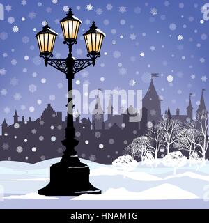 Natale paesaggio invernale con strada luminosa lanterna, fiocchi di neve e alberi. old street luce nel parco cittadino vicolo della neve. Illustrazione Vettoriale