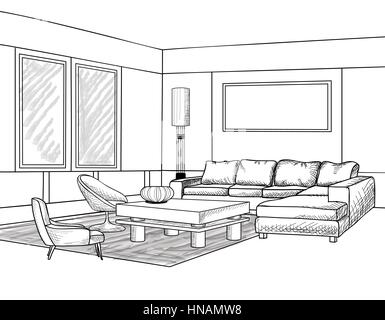 Contorno interno sketch. mobili blueprint. Illustrazione Vettoriale