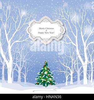 Sfondo di natale. neve paesaggio invernale. retrò Merry Christmas greeting card. Illustrazione Vettoriale