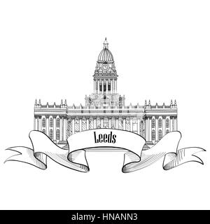 Viaggiare Inghilterra firmano. leeds Rathaus, Regno Unito, Gran Bretagna. città inglese famoso edificio. vettore isolato di etichetta. Illustrazione Vettoriale