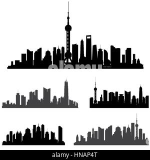 Shanghai skiline set. edifici raccolta di silhouette. Illustrazione Vettoriale