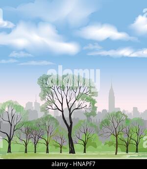 Panca e lampione in parco su sfondo della città. paesaggio di central park a new york. Stati Uniti d'America. Illustrazione Vettoriale