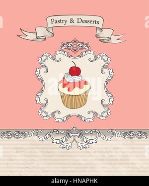 Vintage torte bacground. retro etichetta di panetteria. Dolci e Dessert menu. vettore poster. Illustrazione Vettoriale