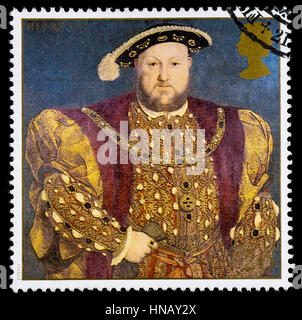 Regno Unito - circa 1997: usato francobollo stampato in Gran Bretagna per commemorare il Re Henry VIII Foto Stock