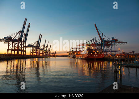 Amburgo, Germania - 24 Novembre 2016: terminal per container del porto di Amburgo, grandi navi portacontainer ormeggiati a Burchardkai. Foto Stock