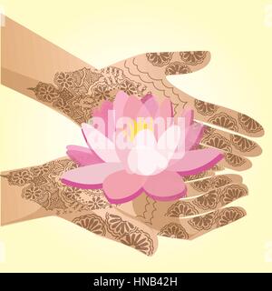 Mani decorate con henna donna indiana tenendo un fiore di loto Illustrazione Vettoriale