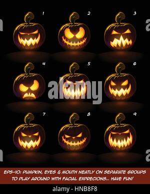 Icone vettoriali di alleggerire Jack O Lantern incandescente al buio in 9 scary espressioni. Ogni espressione su livelli separati. Zucca, gli occhi, la bocca, preriscaldo e Illustrazione Vettoriale