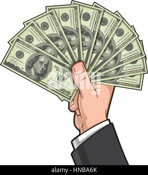 Illustrazione vettoriale di un imprenditore il mano azienda dieci cento-fatture del dollaro. Illustrazione Vettoriale