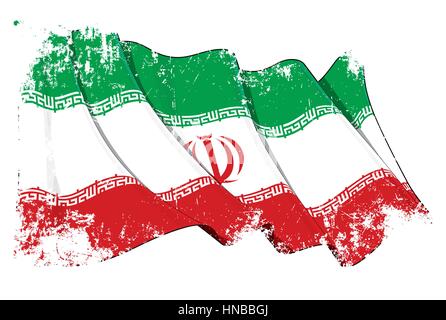 Grunge illustrazione vettoriale di una sventola Bandiera iraniana. Tutti elementi ben organizzato. Texture, righe, ombreggiature e colori di bandiera su livelli separati per un facile Illustrazione Vettoriale