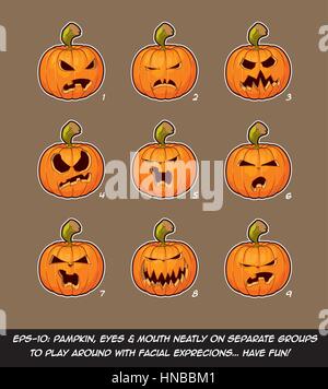 Icone vettoriali di Jack O lanterna in 9 espressioni arrabbiato. Ogni espressione su livelli separati; la zucca, gli occhi e bocca in gruppi separati per ulteriore explora Illustrazione Vettoriale